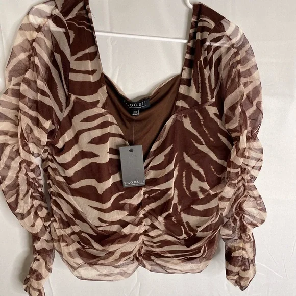 Eloquii Women’s Plus Size 18/20 Crop Top Ruched Brown White Animal Print New 77 - Picture 1 of 10